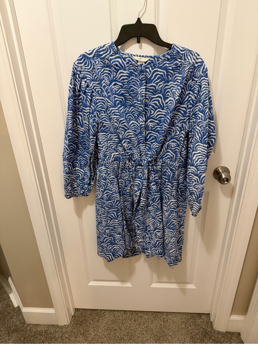 H&M Blue and White Printed Linen-Blend Dress